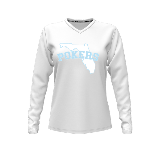 [CUS-DFW-TEES-PER-VNK-LSL-WHT-FYXS-LOGO1] Decker Performance T-Shirt (Female Youth XS, White, V Neck, Logo 1, Long Sleeve)